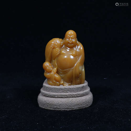A Chinese Tianhuang Stone Carved Boy and Maitreya Buddha Statue