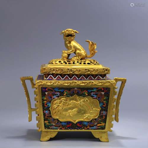 A Chinese Cloisonne Gild Lion Handle Incense Burner