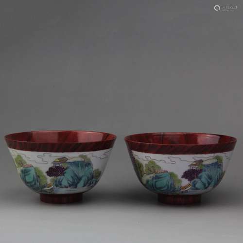 A Pair of Chinese Famille Rose Landscape Painted Porcelain Bowls