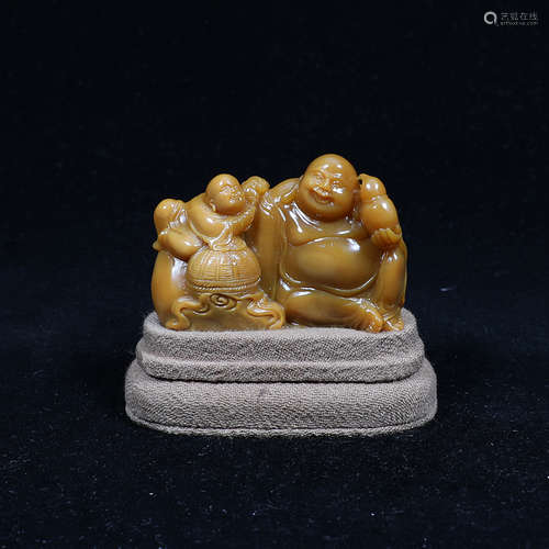 A Chinese Tianhuang Stone Carved Boy and Maitreya Buddha Statue