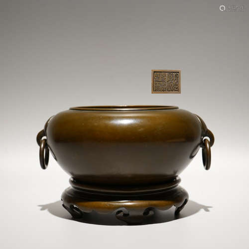 A Chinese Alms Bowl Shaped Bronze Incense Burner with Pedestal