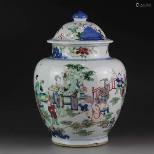 A Chinese Famille Verte Figure Painted Porcelain Jar with Cover