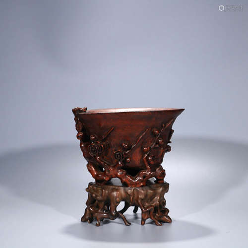 A Chinese Bamboo Carved Plum Blossom Cup