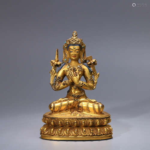 A Chinese Gild Bronze Guanyin Statue