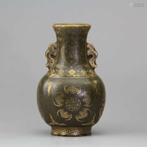 A Chinese Tea Dust Galze Gild Porcelain Double Ears Vase