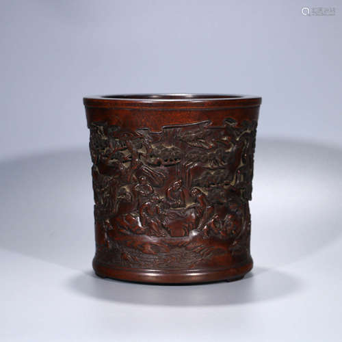 A Chinese Character Story Carved Lobular Red Sandalwood Brush Pot