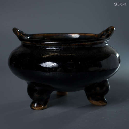 A Chinese Black Glazed Double Ears Porcelain Incense Burner