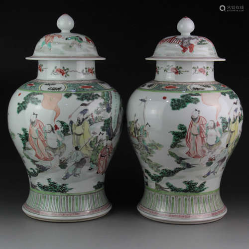 A Chinese Famille Verte Eight Immortals Painted Porcelain Jars