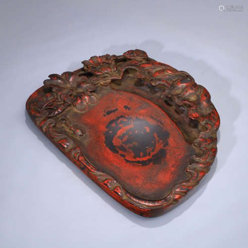 A Chinese Lotus Carved Duan Stone Cinnabar  Inkslab