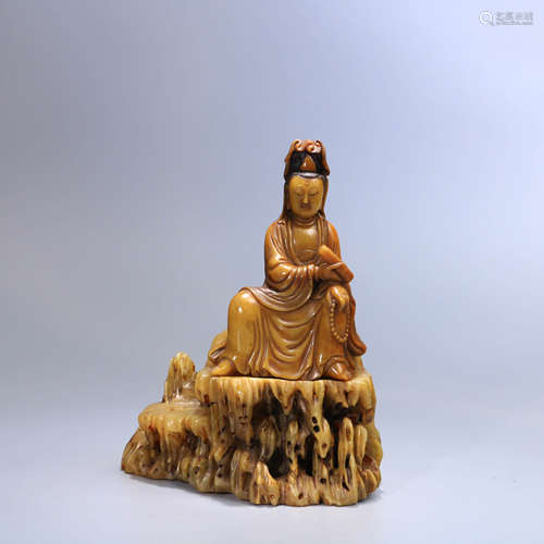 A Chinese Shoushan Stone Carved Guanyin Statue with Pedestal