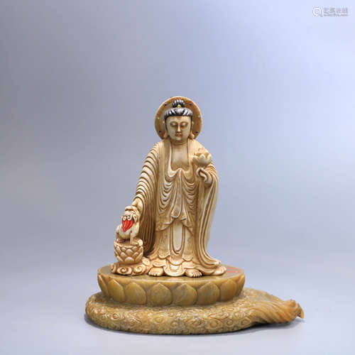 A Chinese Shoushan Stone Carved Guanyin Statue