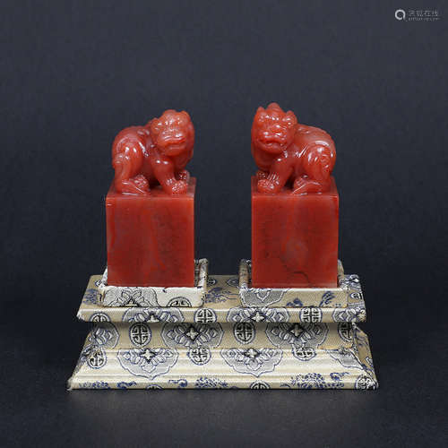 A Pair of Chinese Water Cave Alpine Rock Carved Beast Handle Seals