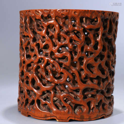 A Chinese Piercing Bamboo Carved Brush Pot