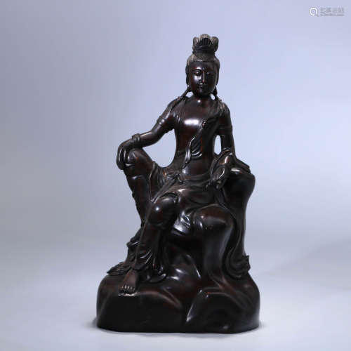 A Chinese Red Sandalwood Carved Guanyin Statue