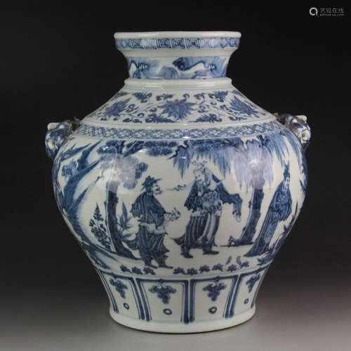 A Chinese Blue and White Figure Painted Porcelain Lion Ears Zun