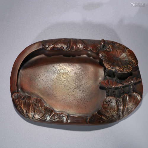 A Chinese Lotus Carved Duan Stone Cinnabar  Inkslab