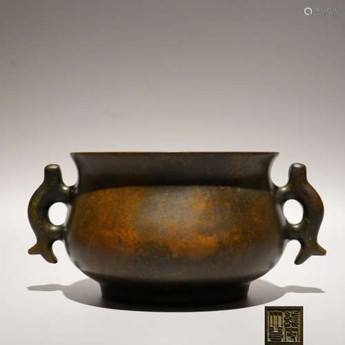 A Chinese Double Fish Ears Bronze Incense Burner