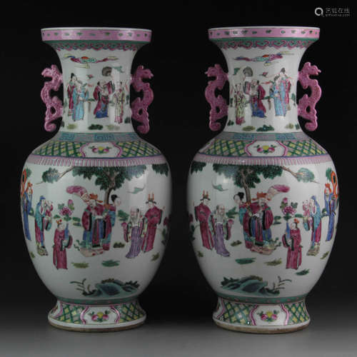 A Pair of Chinese Famille Rose Figure Painted Porcelain Double Ears Vase