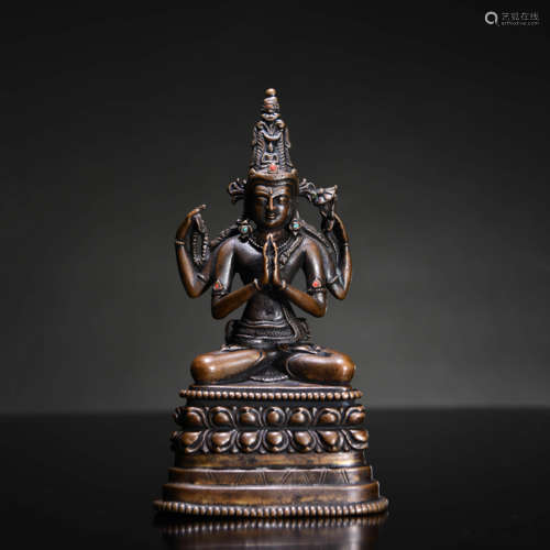 A Chinese Gem Inlaid Copper Statue of Four Arms Guanyin