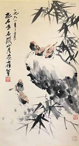 A Chinese Bamboo and Bird Painting, Fu Baoshi and Guan Shanyue Mark