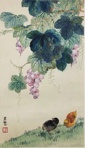 A Chinese Grape and Chicks Painting, Fang Junbi Mark