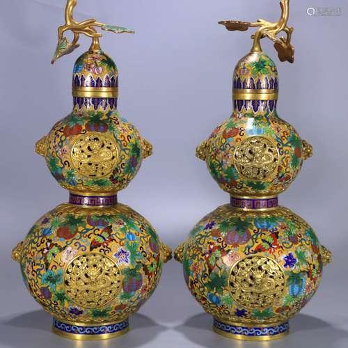 A Pair of Chinese Gild Bronze Filigree Cloisonne Gourd-shaped Vase