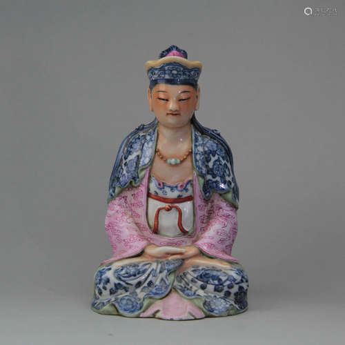 A Chinese Blue and white Famille Rose Porcelain Buddha Statue