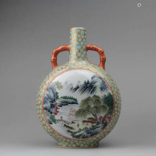 A Chinese Famille Rose Gild Landscape Pattern Porcelain Oblate Vase