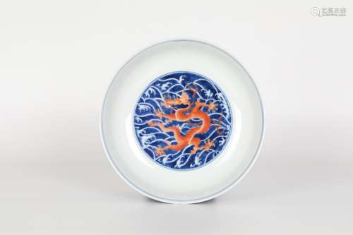 18th century, Qianlong blue and white alum and red dragon plate