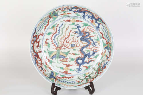 17th Century，Fighting Color Dragon and Phoenix Plate