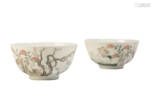 PAIR OF FAMILLE-VERTE 'THREE RAMS' BOWLS, DAOGUANG SEAL MARKS BUT LATER QING DYNASTY
