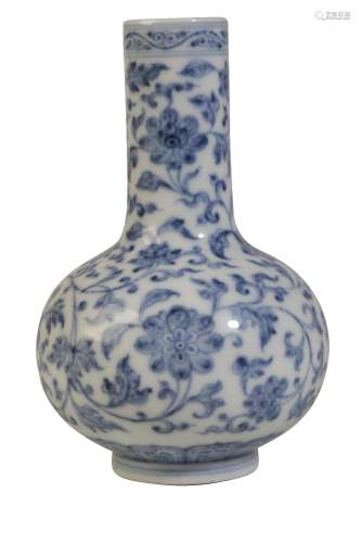 SMALL BLUE AND WHITE 'LOTUS' BOTTLE VASE, QIANLONG SEAL MARK A PROBABLY OF THE PERIOD