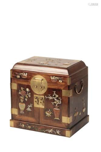 FINE HARDSTONE AND MOTHER-OF-PEARL INLAID HUANGHUALI TABLE CABINET, QING DYNASTY