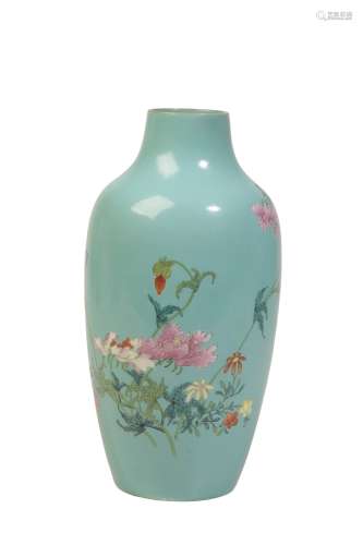 FAMILLE ROSE TURQUOISE-GROUND VASE, QIANLONG SEAL MARK BUT LATER