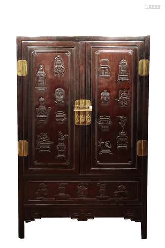 GOOD PAIR OF CARVED ZITAN COMPOUND CABINETS, QING DYNASTY 18TH / 19TH CENTURY