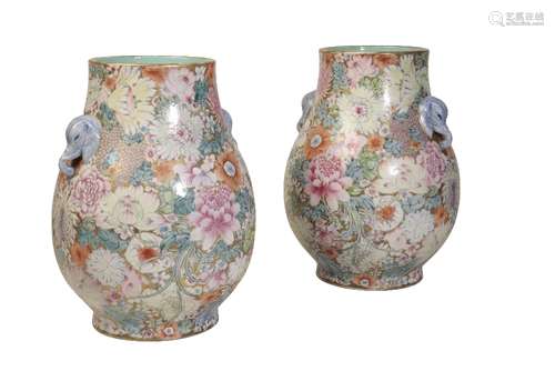 PAIR OF 'MILLE-FLEURS' VASES, HU, QIANLONG SEAL MARKS BUT REPUBLIC PERIOD