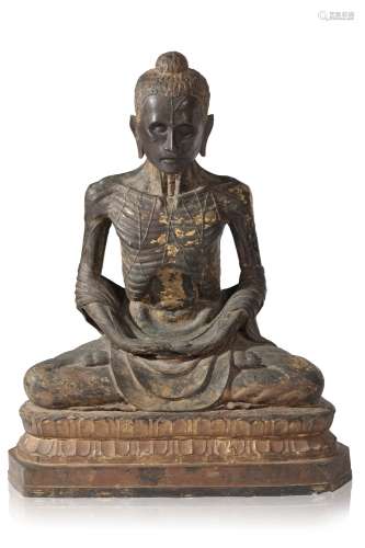 RARE EMACIATED GILT-BRONZE SEATED BUDDHA, THAILAND, RATANAKOSIN, EARLY 19TH CENTURY