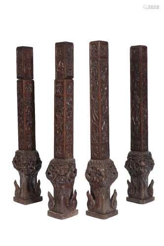 SET OF FOUR CARVED HARDWOOD 'DRAGON' PILASTERS, QING DYNASTY