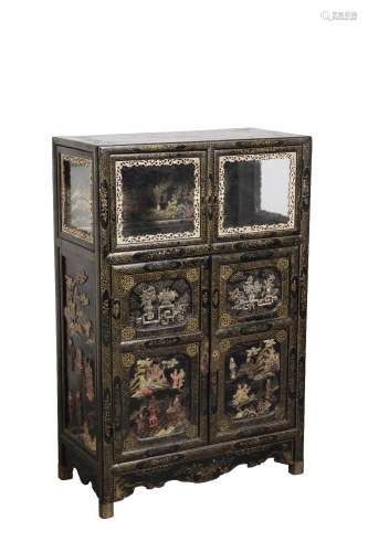 CHINESE BLACK LACQUER, BONE AND IVORY INALID CABINET, LATE QING DYTNASTY