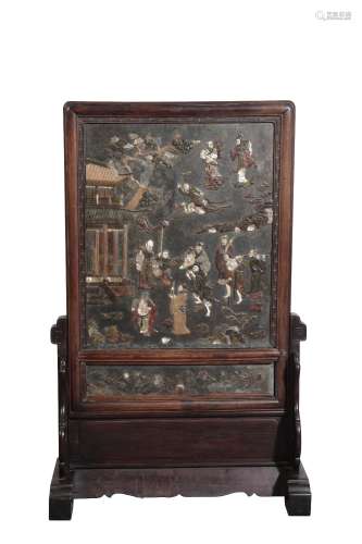 HARDSTONE AND MOTHER OF PEARL INLAID HONGMU SCREEN, QING DYNASTY