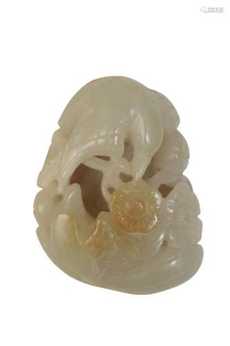 CARVED CELADON AND RUSSET JADE MAGPIES GROUP, QING DYNASTY