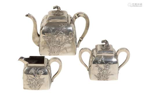 CHINESE EXPORT THREE PIECE SILVER TEA SERVICE, MARK OF WANG HING & CO.