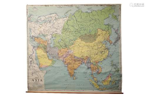 LARGE SCHOOL MAP OF ASIA, CIRCA 1962