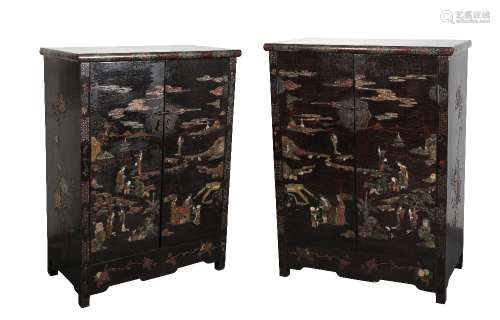 GOOD PAIR OF BLACK LACQUER, HARDSTONE AND MOTHER OF PEARL INLAID CABINETS, QING DYNASTY
