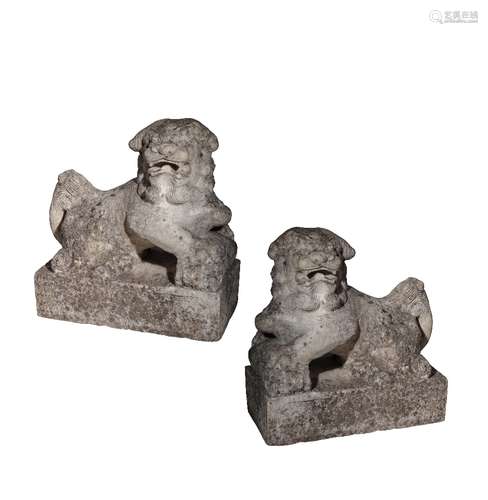 PAIR OF CARVED WHITE MARBLE BUDDHIST LIONS, QING DYNASTY