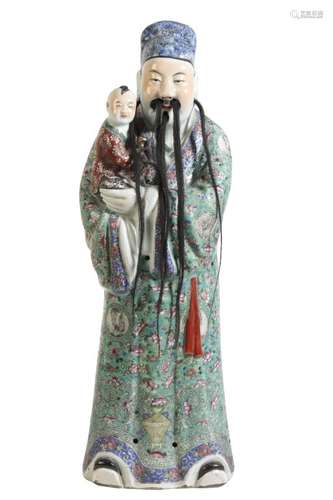 LARGE FAMILLE ROSE FIGURE OF AN IMMORTAL AND CHILD, 20TH CENTURY