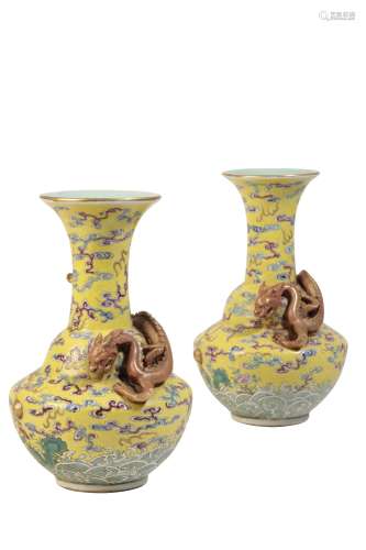 PAIR OF FAMILLE ROSE YELLOW-GROUND VASES, QIANLONG SEAL MARKS BUT 19TH CENTURY