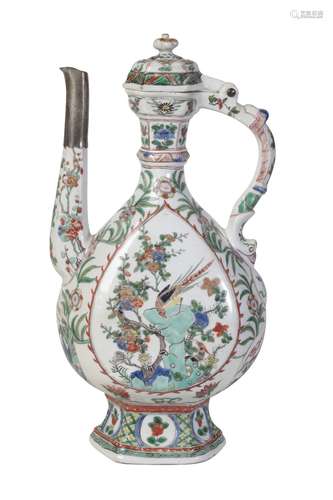 RARE PERSIAN MARKET FAMILLE VERTE WINE EWER AND COVER, KANGXI PERIOD