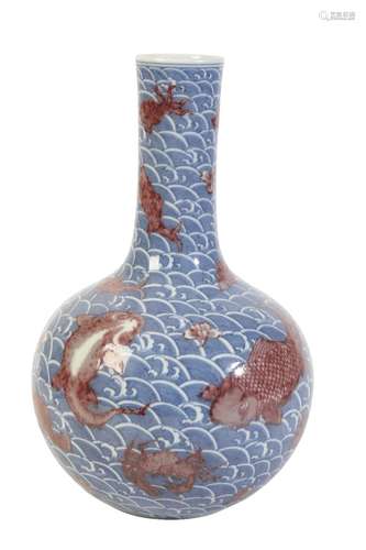 IRON-RED DECORATED BLUE AND WHITE 'FISH' BOTTLE VASE, QIANLONG SEAL MARK AND OF THE PERIOD