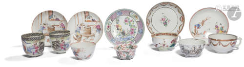 CHINE - XVIIIe siècle Ensemble en porcelaine émaillée polychrome de la famille rose comprenant